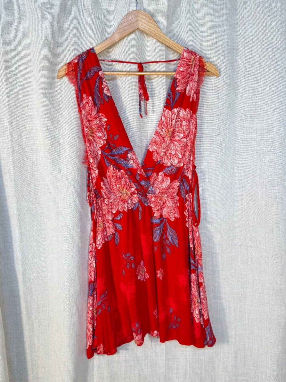 Free People Red Floral Boho Mini Dress Tie Back Size Large